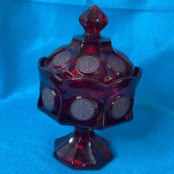 Vintage Fostoria Ruby Red Glass Coin Covered Wedding Bowl/Candy Dish w/Lid. - Picture 7 of 13
